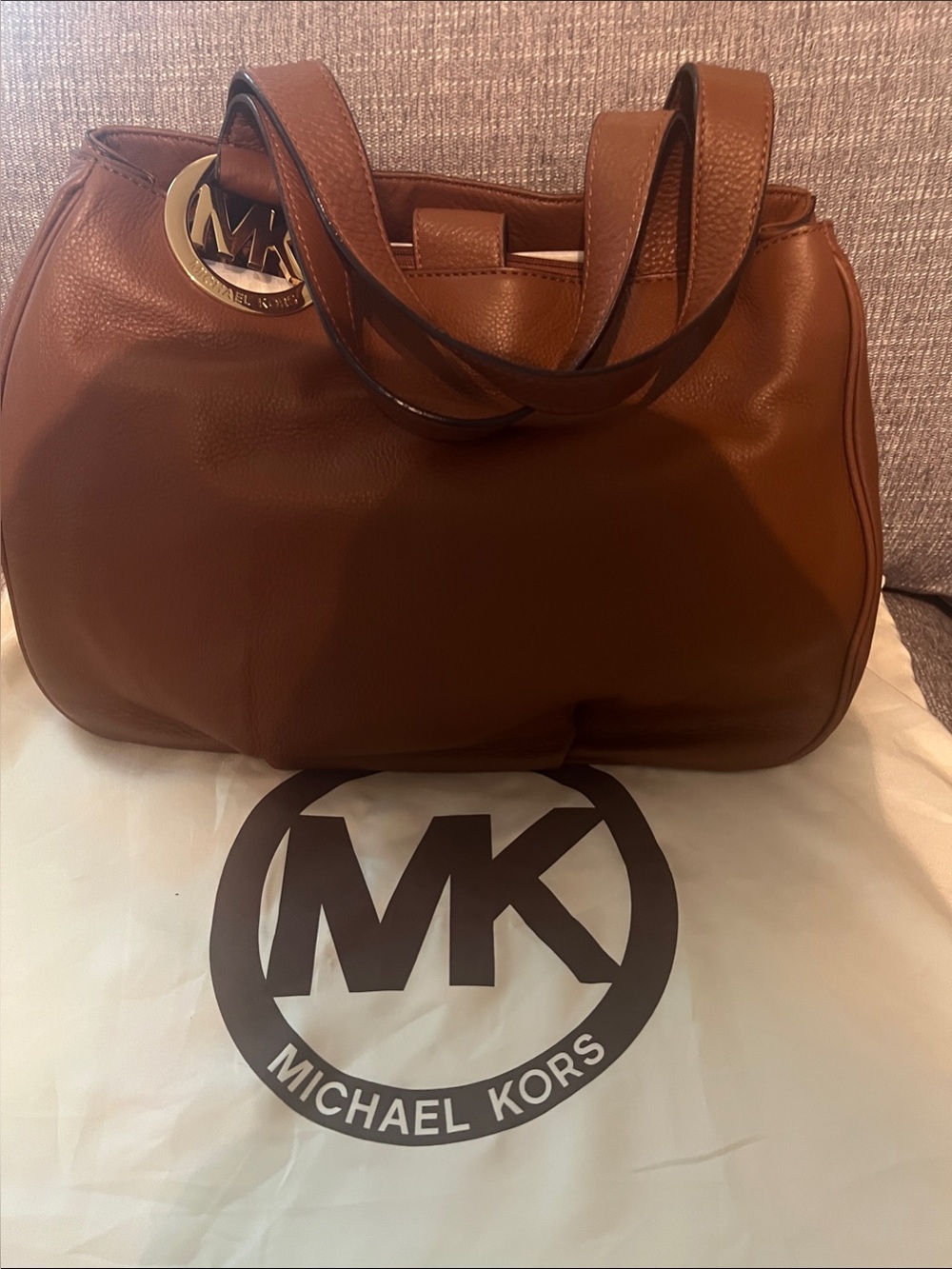 Michael Kors Chestnut Brown Leather Shoulder Bag with Gold Logo Charm and wallet
